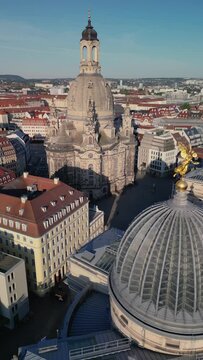 The drone aerial footage of old town of Dresden , Germany.	