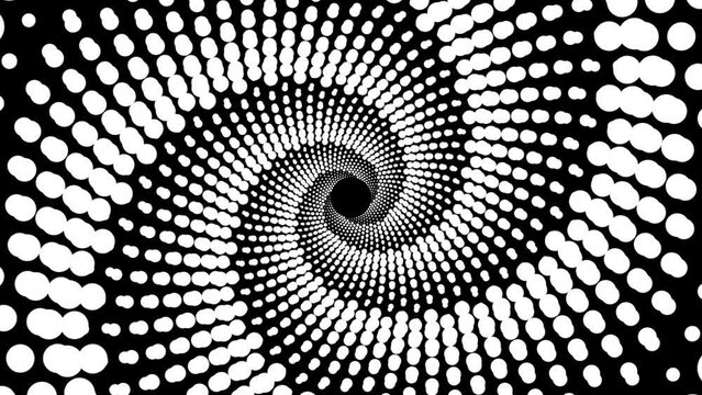 Hypnotic Black and White Spiral Optical Illusion dot Pattern. Abstract Geometric tunnel Animated Background. 4K Loop Animation