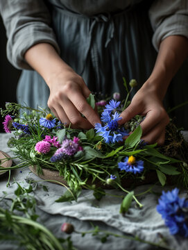Young woman making a bouquet or a wreath of wildflowers and herbs. Florist creating a decoration for Scandinavian midsummer celebration. Traditional craftsmanship.