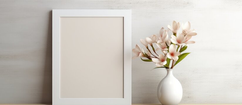 A wooden picture frame rests on a table beside a vase filled with colorful flowers. The delicate petals and green twigs add a touch of nature to the rectangular artwork display