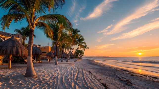 Paradis d'été : une belle plage au Mexique avec des palmiers et un ciel ensoleillé