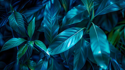 Paradis tropical : feuilles et plantes à feuillage vibrantes sur un superbe fond d'espace bleu - obrazy, fototapety, plakaty