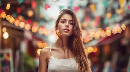 A stylish young woman poses with a mesmerizing gaze against a backdrop of festive lights that bokeh into a colorful canvas.
