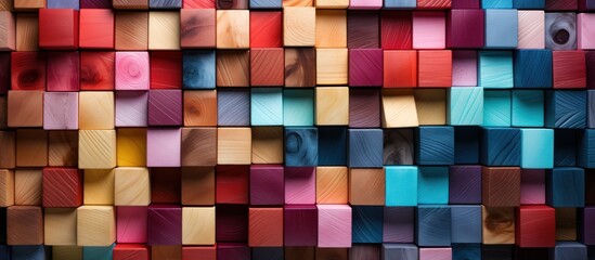 Wooden cubes of different colors. Abstract background.