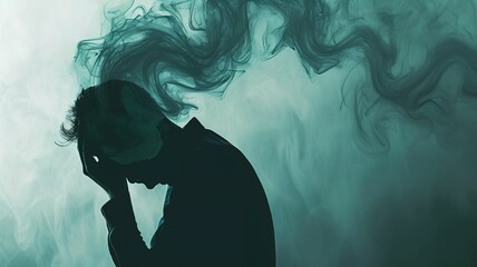 side view of a person covering face with his hands. Gray background. Depression concept. Social issues image style. For Mental Health Awareness Week, banner, design, thumbnail, social media
