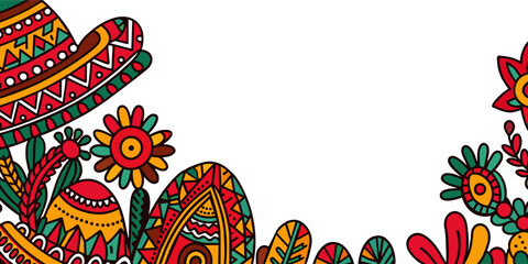 Mexican background festive backdrop for festival Cinco de mayo. Mexico poster. Vibrant mexican folk art inspired border with traditional patterns and motifs