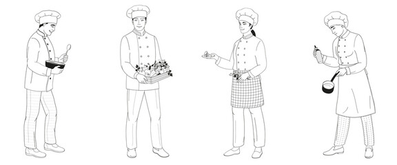 standing smiling chefs male and female characters in uniform preparing food
