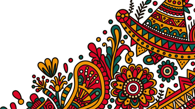 Mexican background festive backdrop for festival Cinco de mayo. Mexico poster. Vibrant mexican folk art inspired border with traditional patterns and motifs