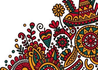 Mexican background festive backdrop for festival Cinco de mayo. Mexico poster. Vibrant, ethnic pattern with floral and geometric elements