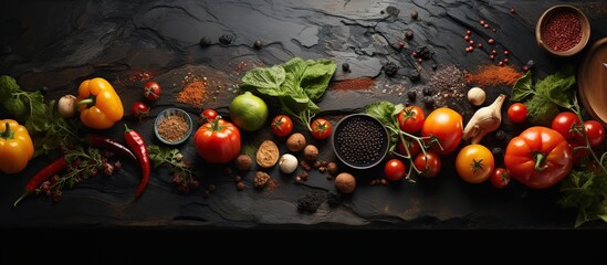 Fresh organic vegetables and spices on black background. Healthy food concept. - obrazy, fototapety, plakaty