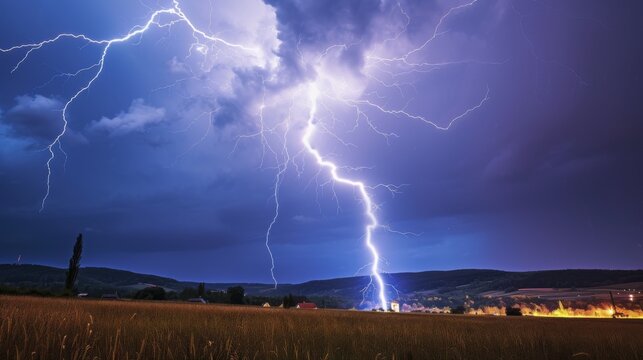 An electrifying image capturing a dramatic lightning bolt striking down over a rural area under a dark, cloud-filled sky with illuminated horizon