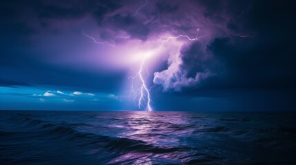 A single powerful lightning strike illuminating the dark sea and stormy clouds, symbolizing nature's unpredictability - obrazy, fototapety, plakaty