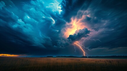 A lightning bolt strikes the earth in a field at twilight, adding drama to this serene rural landscape with an ominous cloud-filled sky - obrazy, fototapety, plakaty
