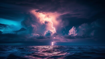 Obraz premium This spectacular image showcases the raw power of nature with a lightning bolt illuminating the dark ocean beneath tumultuous clouds