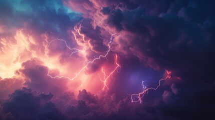 Ethereal clouds in shades of blue and pink conceal lightning bolts, creating a mythical atmosphere that invites wonder and awe - obrazy, fototapety, plakaty