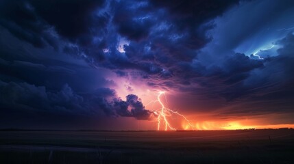 A lone lightning bolt strikes the heart of a prairie against a backdrop of fiery sunset skies, symbolizing raw natural power