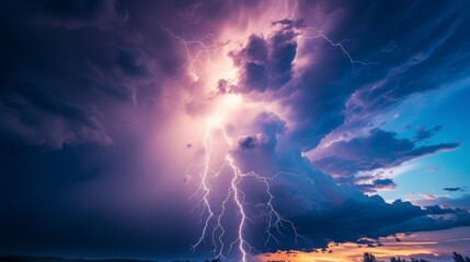 An impressive show of atmospheric electricity, multiple bolts of lightning illuminate a surreal purple sky