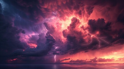 A breathtaking display of nature's fury, this image captures a violent thunderstorm with striking lightning bolts illuminating the darkened sky