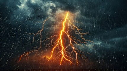 A powerful image capturing a fiery orange lightning bolt striking down amidst a fierce and heavy rainstorm