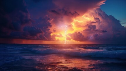 The grand spectacle of a vivid thunderstorm unfurling its might over the tumultuous waves of the raging ocean at dusk - obrazy, fototapety, plakaty