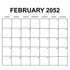 february 2052. monthly calendar design. week starts on sunday. printable, simple, and clean vector design isolated on white background.