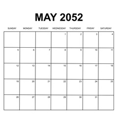 may 2052. monthly calendar design. week starts on sunday. printable, simple, and clean vector design isolated on white background.