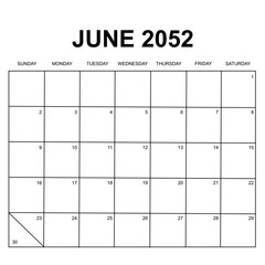 june 2052. monthly calendar design. week starts on sunday. printable, simple, and clean vector design isolated on white background.