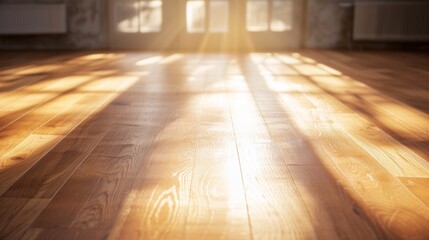Serene sunbeams pour across a polished wooden floor, suggesting peaceful, early morning ambience and warmth within a cozy interior setting