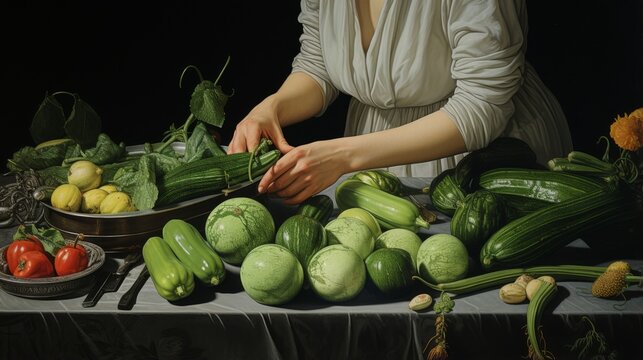 Hands elegantly preparing a medley of garden fresh vegetables in a tableau reminiscent of classical paintings