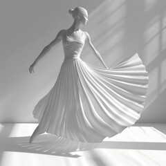 Elegant mannequin in flowy dress captures light and shadow, creating a serene dance