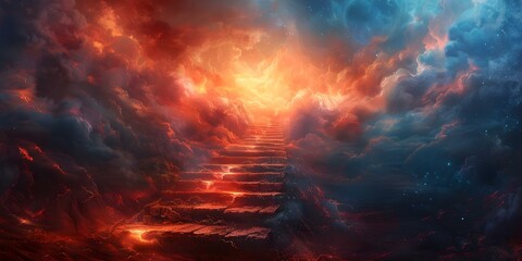 Passage through the Afterlife: Exploring Purgatory, Heaven, and Hell. Concept Exploring Afterlife Realms, Purgatory Journey, Heavenly Perspectives, Hell Experience, Spiritual Exploration, - obrazy, fototapety, plakaty
