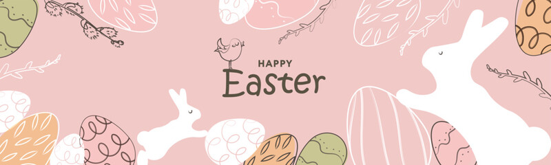 Happy Easter banner. Trendy Easter design with typography, hand painted strokes, eggs and bunny in pastel colors. Modern minimal style. Horizontal poster, greeting card, header for website
