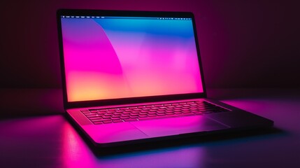 A modern laptop illuminated by a colorful neon glow reflects a contemporary aesthetic and technological theme