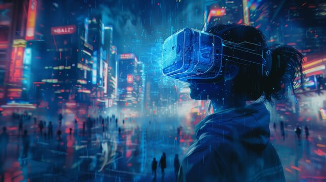 Man Experiencing VR in Futuristic City