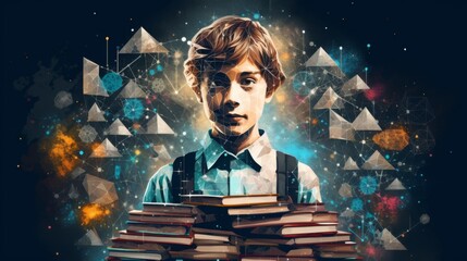 Stylized image of a young boy holding books with colorful geometric elements and space-like background