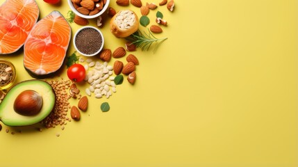 Naklejka na ściany i meble A vibrant flat lay of various health foods like salmon, nuts, and avocados on a bright yellow background