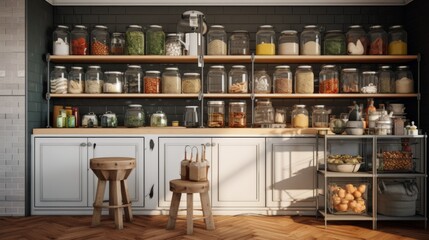 Fototapeta na wymiar A cozy kitchen corner with sunrays illuminating jars containing various foods on shelves