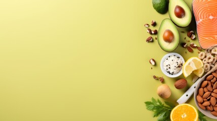 This image displays a nutritious selection of foods including fish and seeds on a green gradient surface