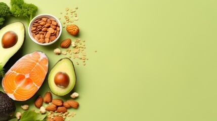 Showcasing a collection of healthy eats such as avocados and fish on a monochromatic green background - obrazy, fototapety, plakaty