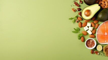 A fresh display of food items rich in omega-3 and antioxidants on a solid green background