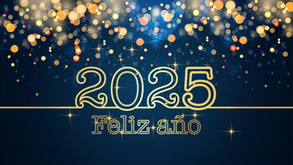 Fototapeta na wymiar tarjeta o pancarta para desear un feliz año nuevo 2025 en oro sobre fondo azul con círculos y brillo dorado en efecto bokeh