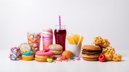 Colorful array of candies, pastries, and fast food items, illustrating the sweet side of snacking...
