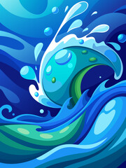 Summery blue ocean waves with a bright sun in a colorful background