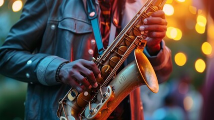 Close-up of a musician's hands playing a saxophone with bokeh lights providing a festive background - obrazy, fototapety, plakaty