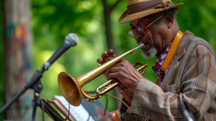 A jazz performer is captured mid-play, blowing into a trumpet with intense concentration at an...