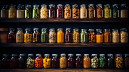 Spice jars filled with various colorful spices and herbs neatly arrayed on dark wooden shelves, creating a visually appealing display - Powered by Adobe