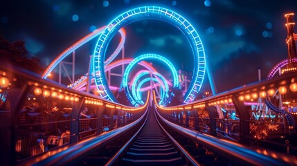 Brightly Lit Roller Coaster at Night