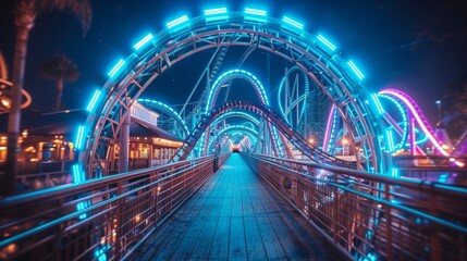 Person Walking Across Bridge at Night