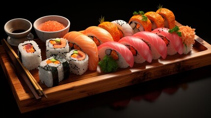 An array of sushi rolls, including nigiri and maki, presented with soy sauce and masago, with a focus on the fresh fish