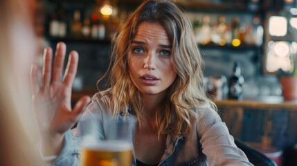 Young Caucasian woman turning down a beer offered to her, concept of sobriety and recovery from alcoholism/addiction - obrazy, fototapety, plakaty